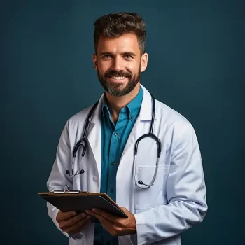 Professional doctor man in medical coat with clipboard in hands posing over light grey wall background, middle aged physician with stethoscope looking at camera